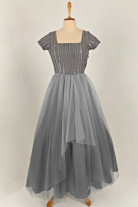 Grey netted Sequins Gown ZIZ005