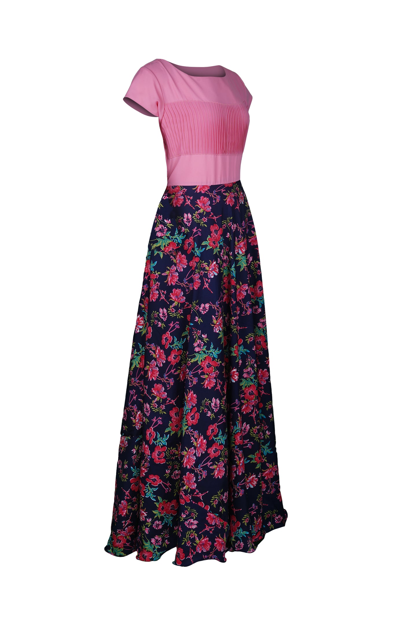 ZIA022 Pink Pleated Gown with Printed Blue bottom