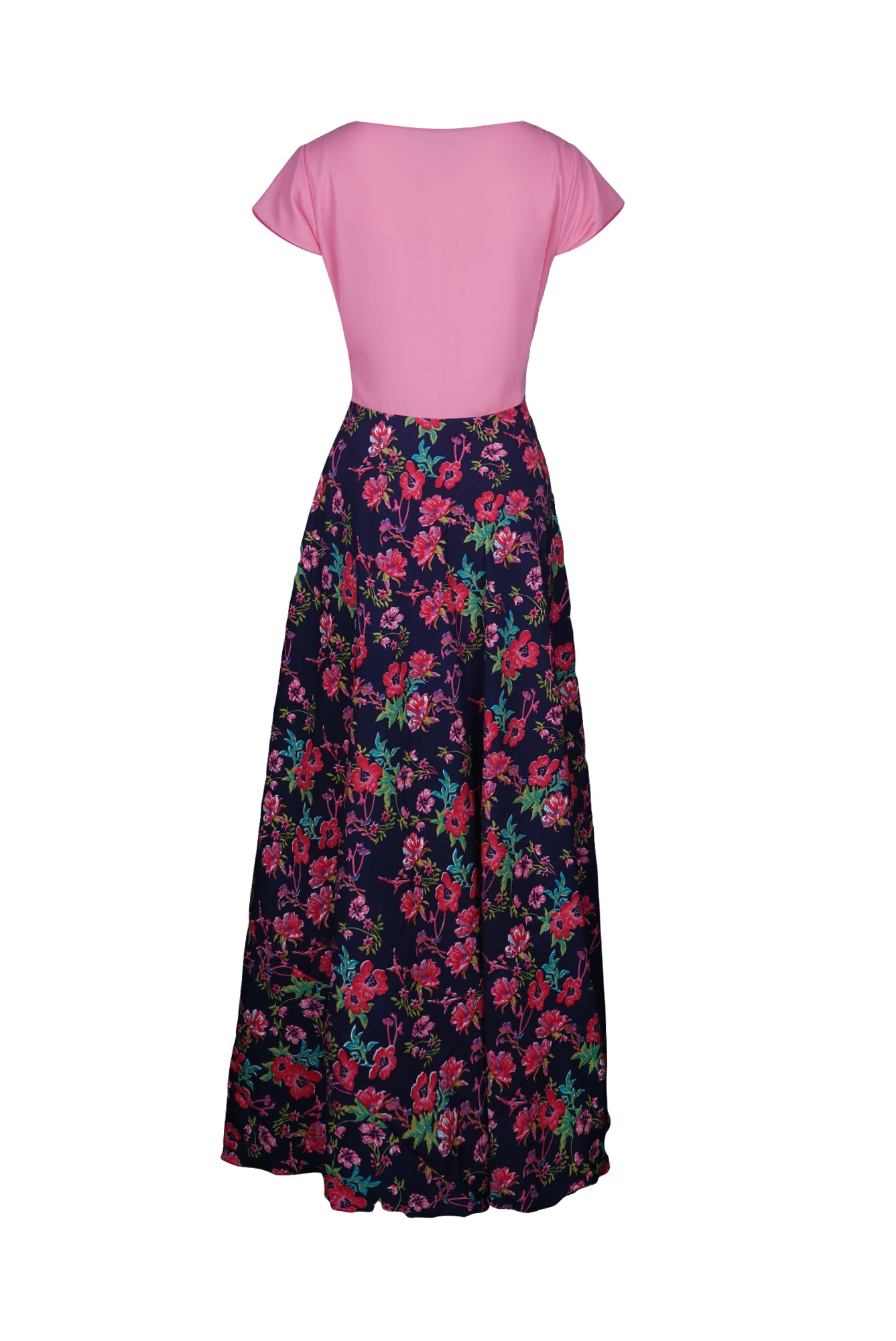 ZIA022 Pink Pleated Gown with Printed Blue bottom