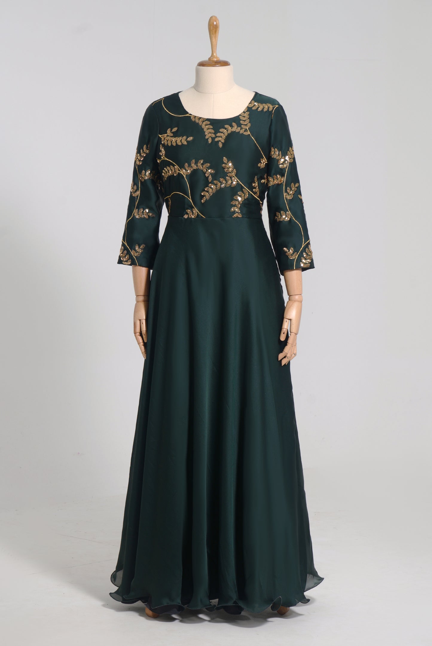 ZIA060 Bottle Green Gown With Gold Sequins Work