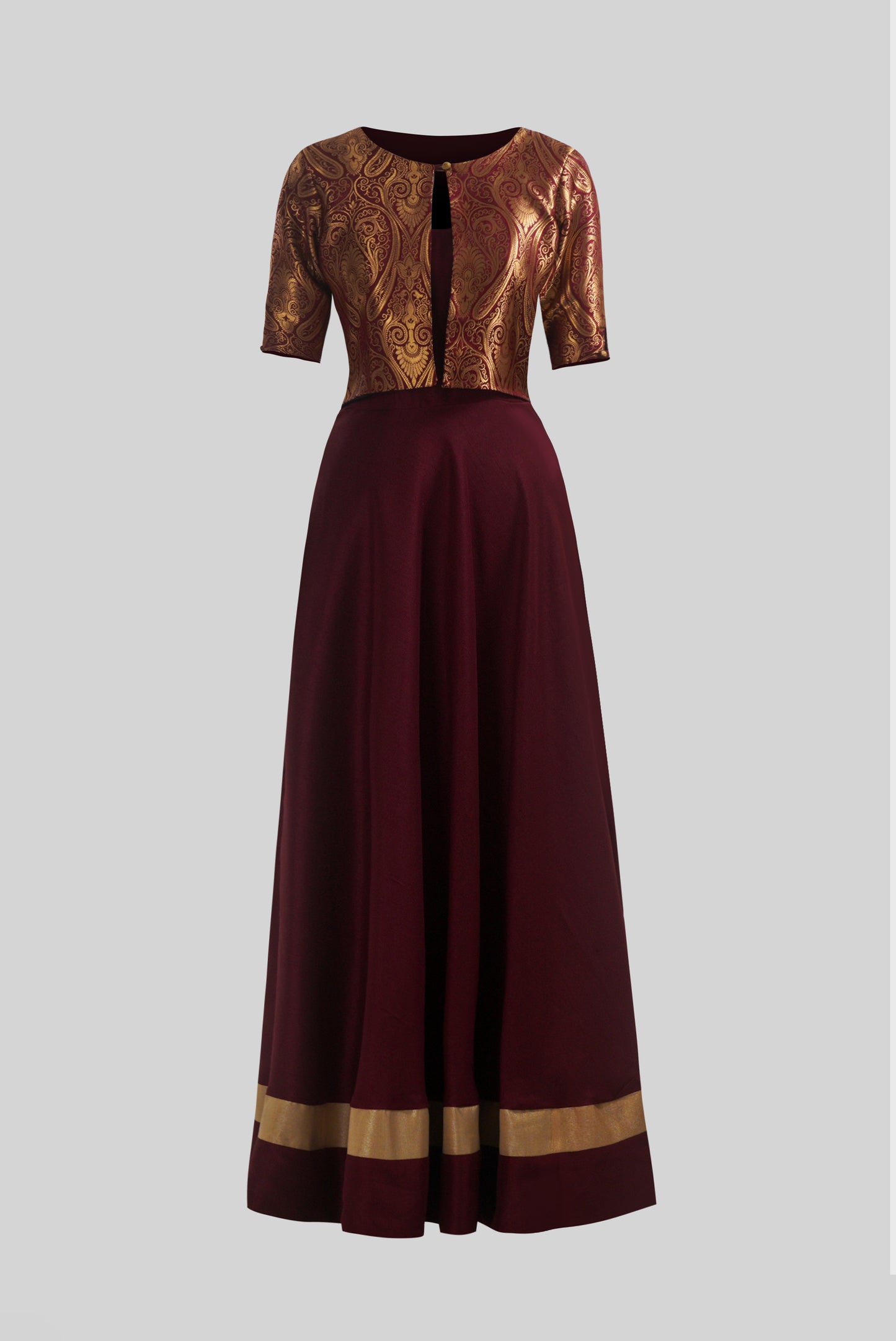 ZIA248 Maroon Brocade Full Length Gown with Boat Neck