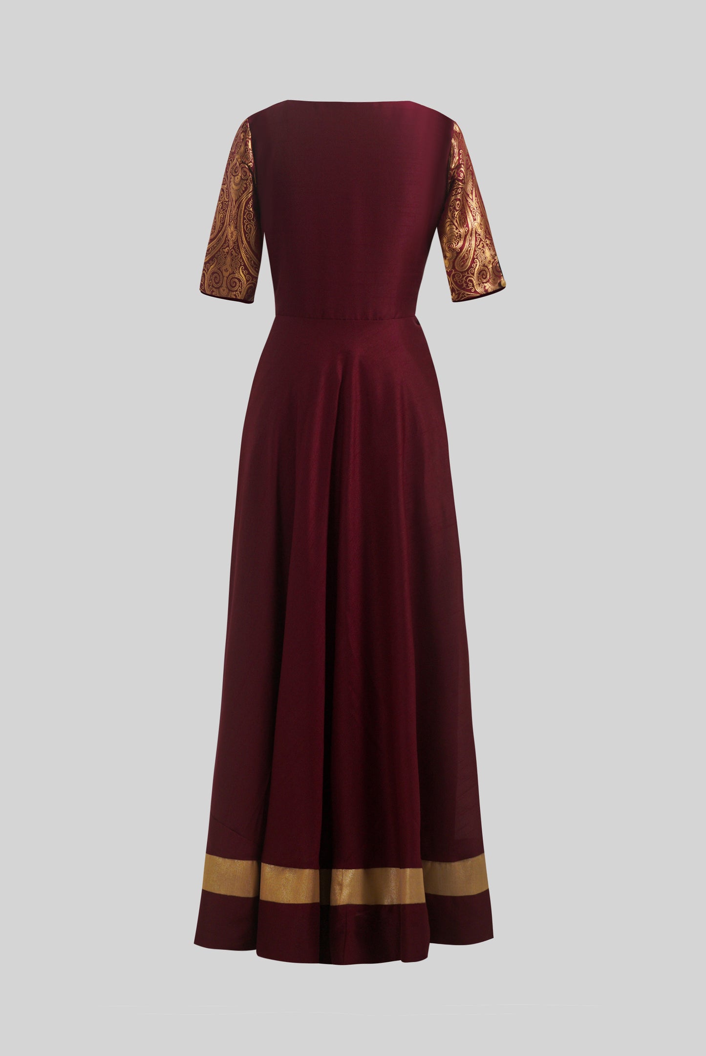 ZIA248 Maroon Brocade Full Length Gown with Boat Neck