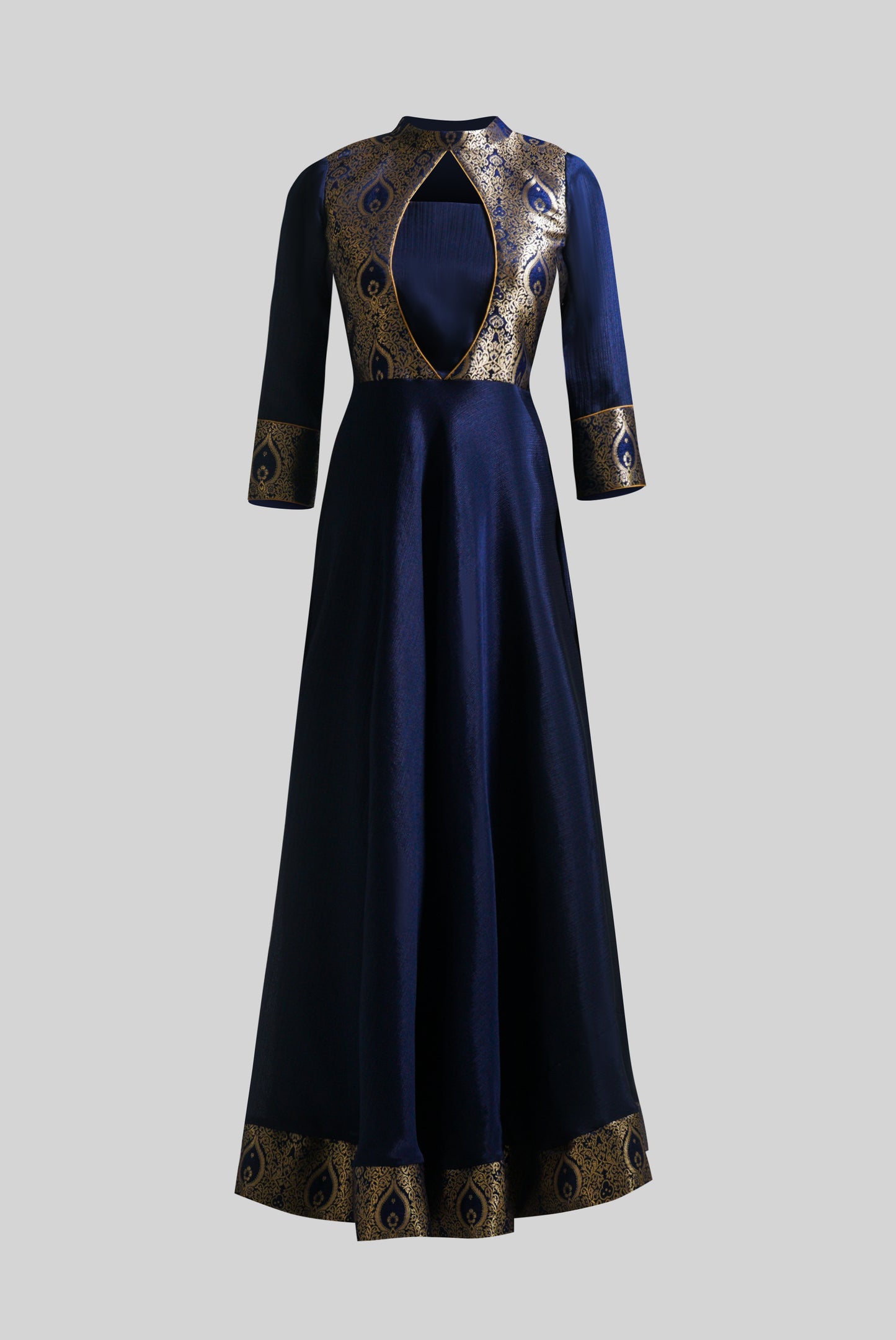 ZIA245 Blue Brocade Collared Gown