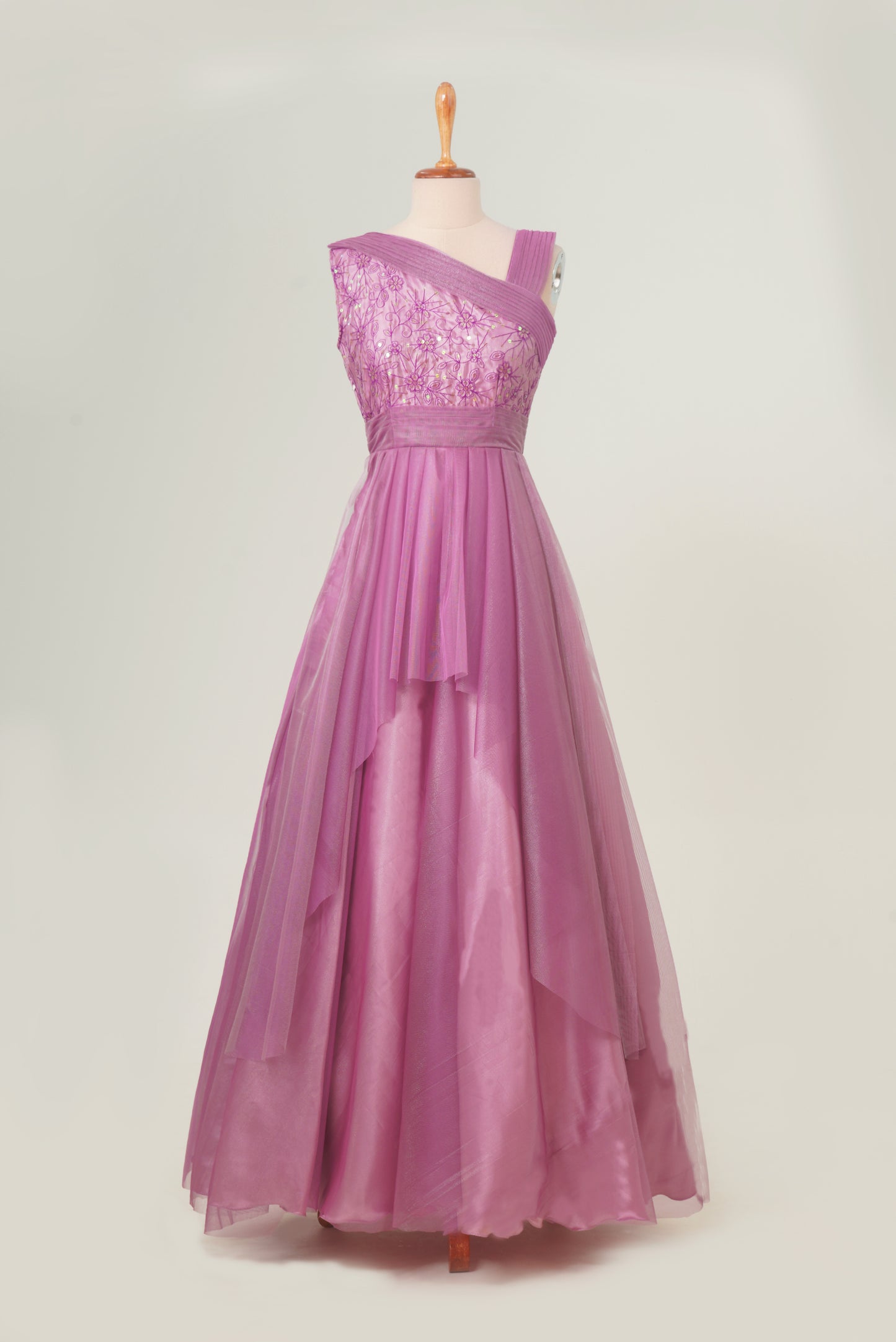 ZP003 Pink Netted Gown with Asymmetric Neck