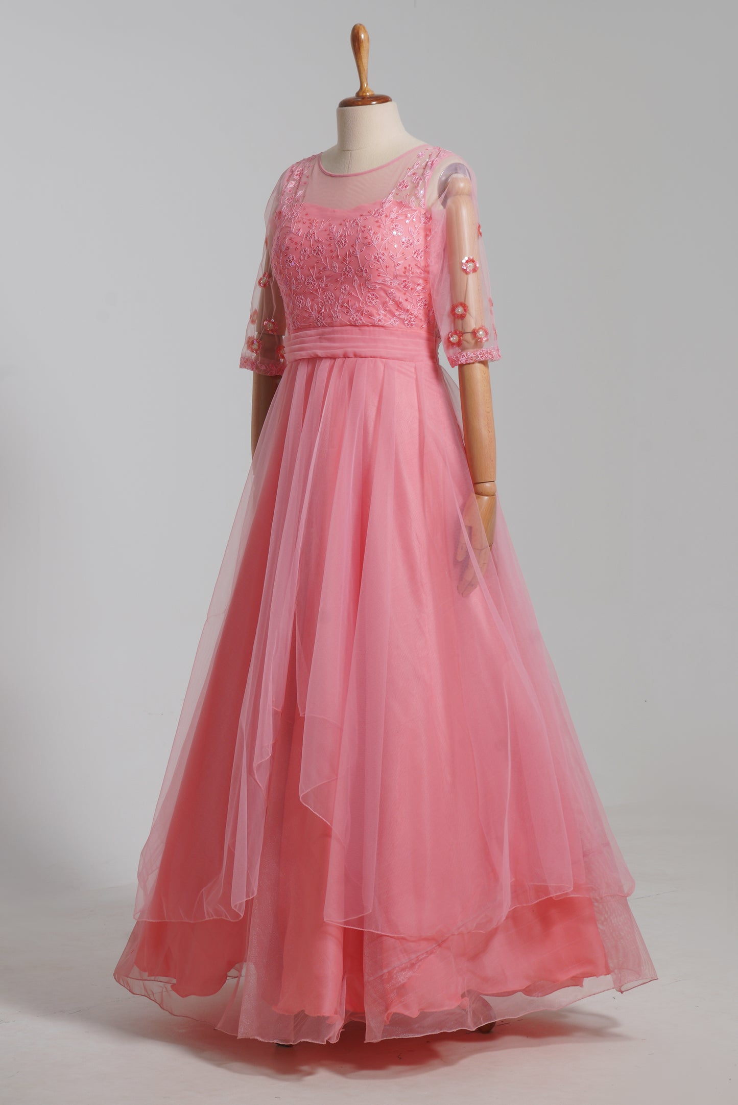 ZIA099 Pink Netted Gown With Embroidery work