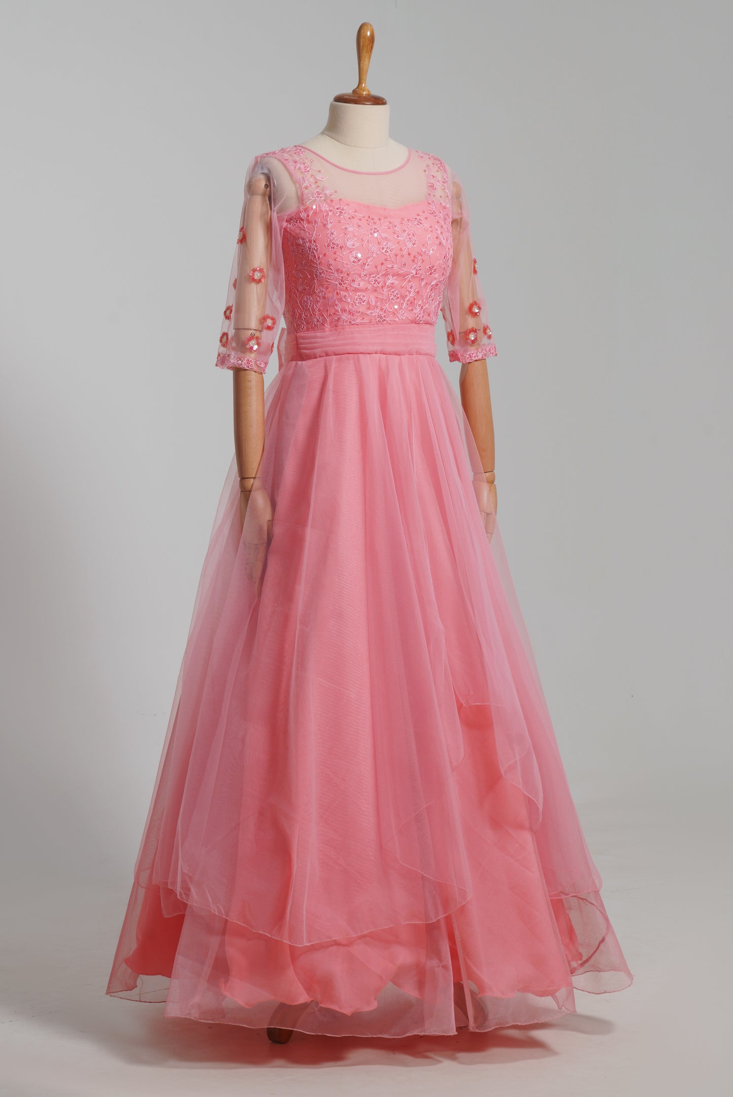 ZIA099 Pink Netted Gown With Embroidery work