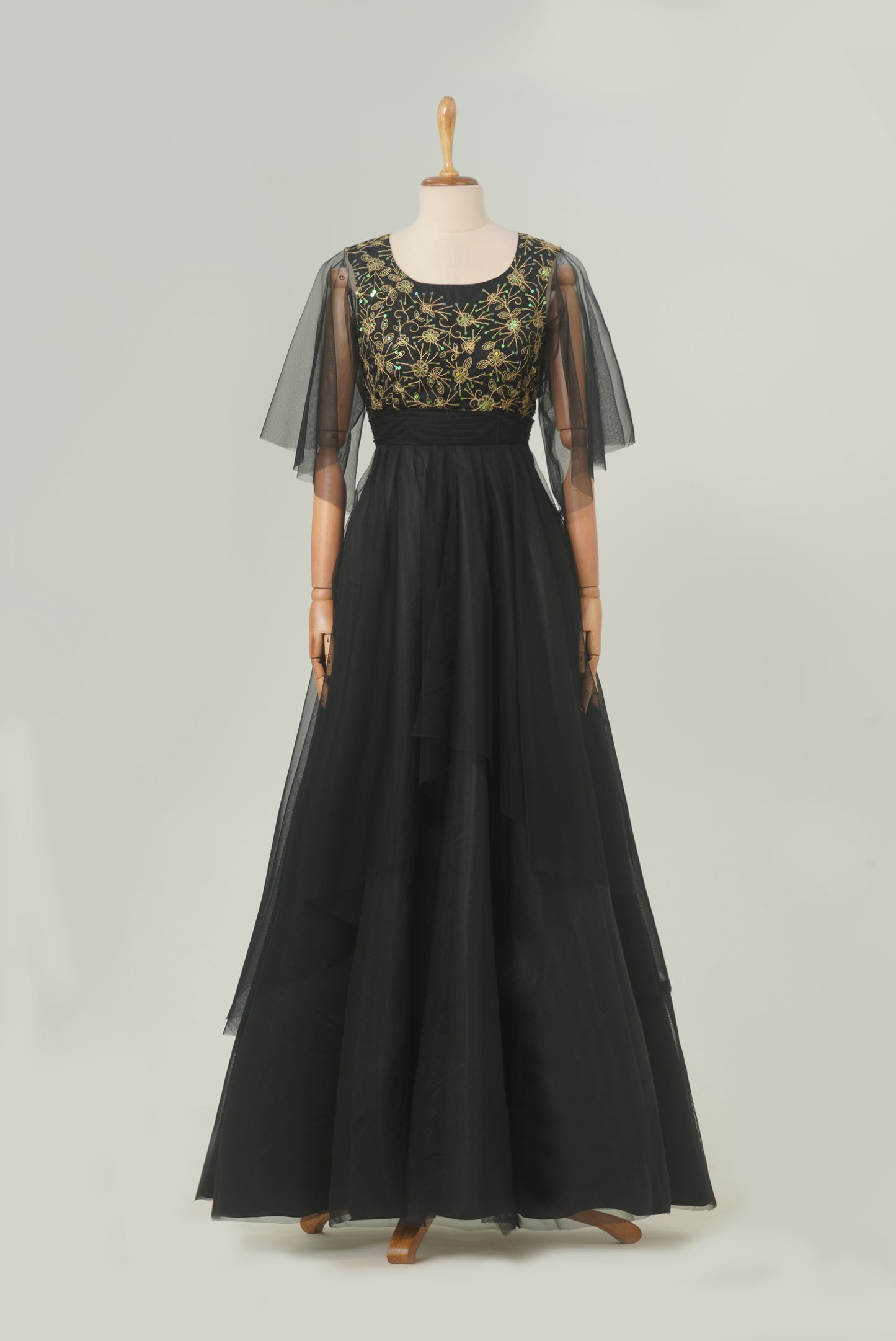 ZP004 Black Netted Gown with Embroidery Work