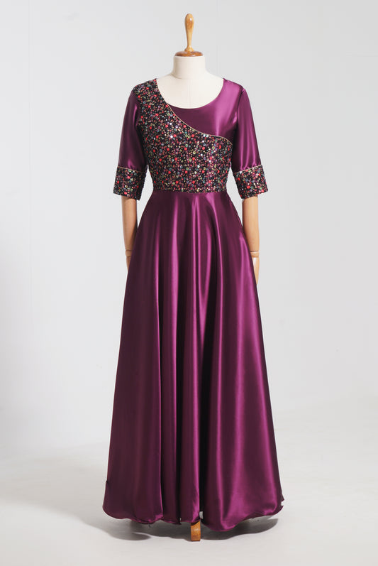 Dark Violet Satin Full Length Gown. ZIA102