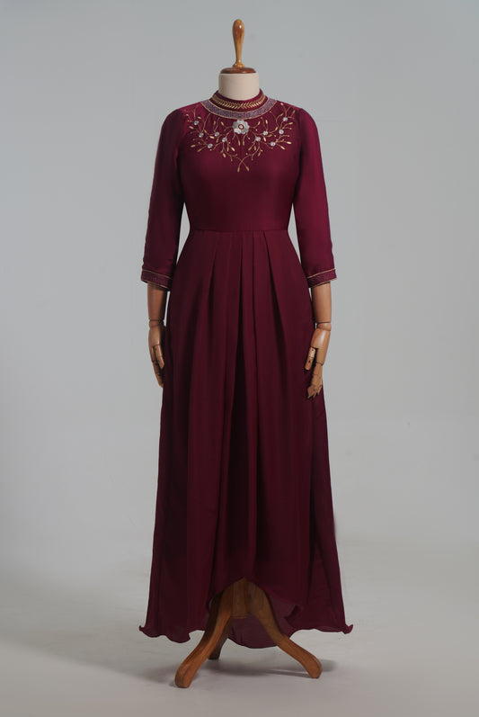 Maroon Embroidered Full Length Gown. ZIA107
