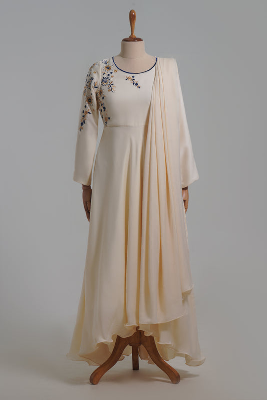 Off White High Low Gown With Dupatta, ZIA109
