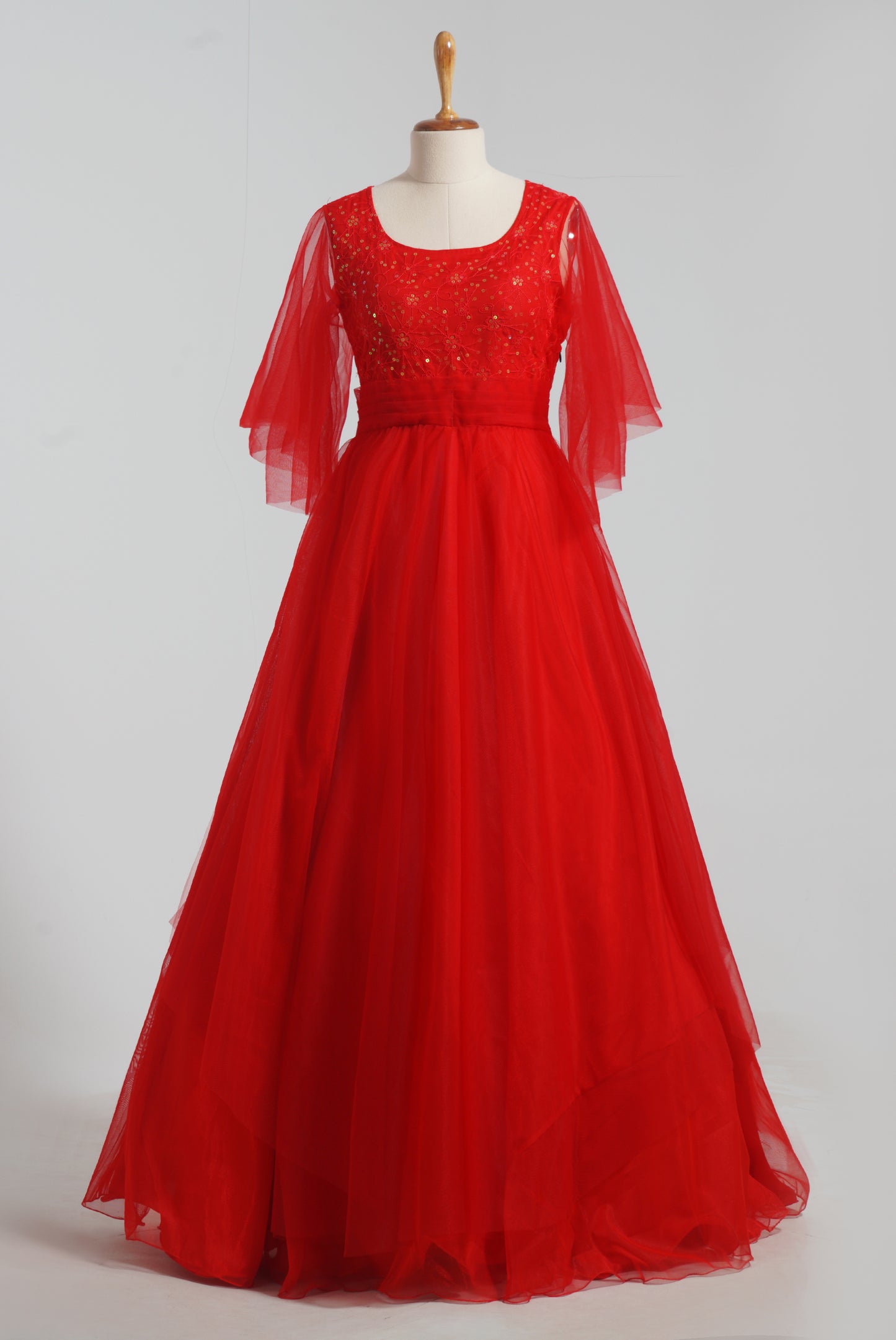 ZIA127 Red Netted Gown With Flared Sleeves