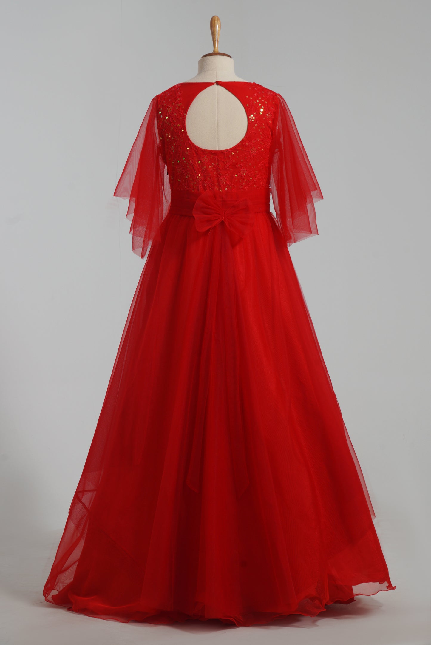 ZIA127 Red Netted Gown With Flared Sleeves