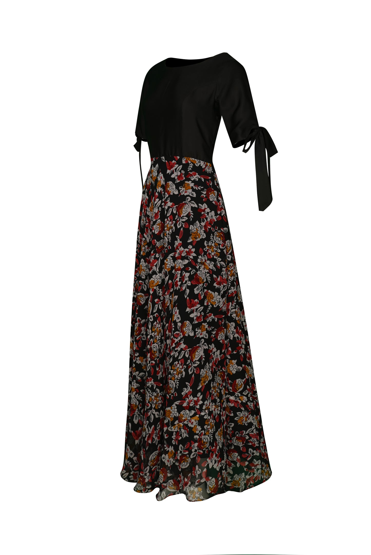 ZIA028 Black and Floral Printed Gown with Tie Sleeves