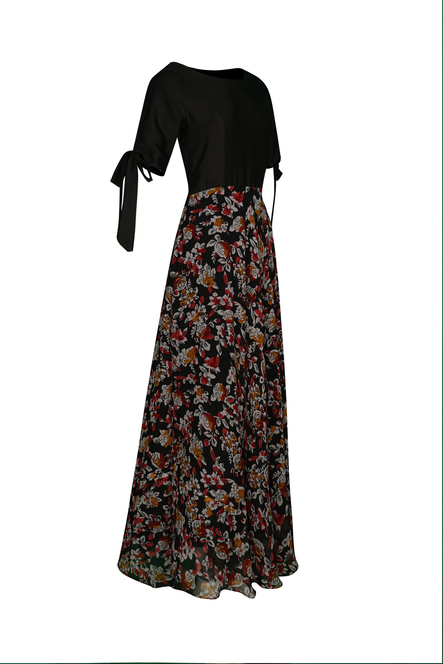 ZIA028 Black and Floral Printed Gown with Tie Sleeves