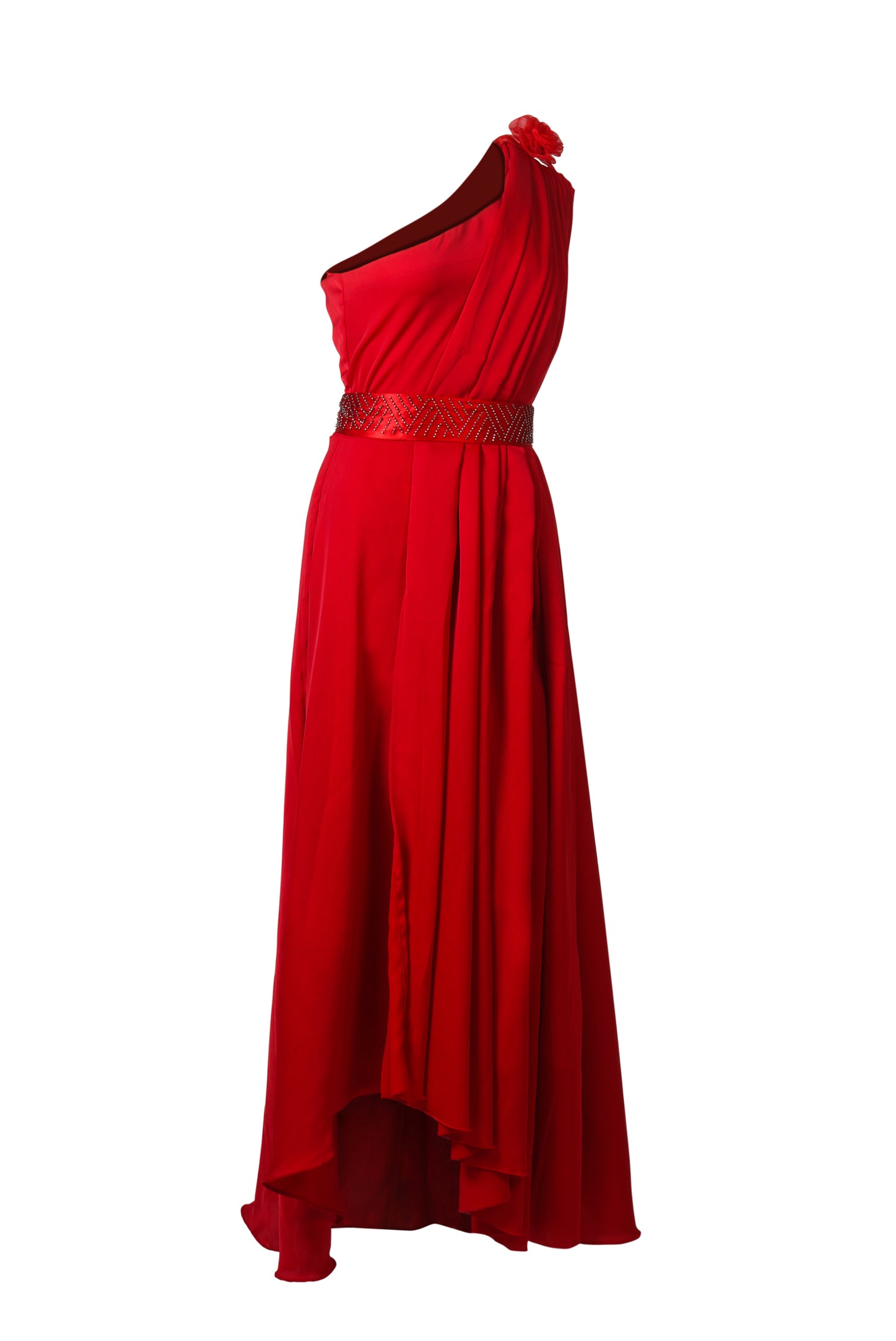 ZIA031 Off Shoulder Red Gown With Beadwork Belt