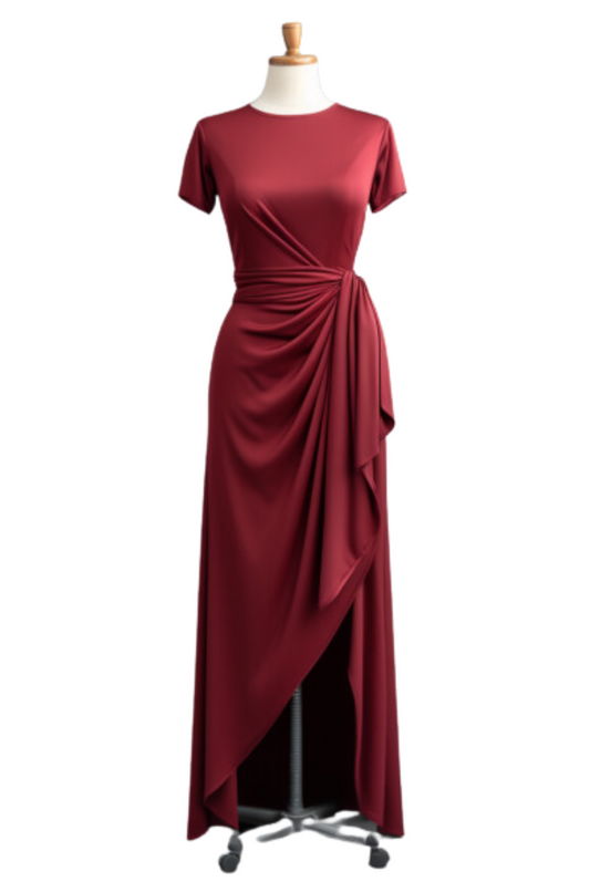 ZIJ003 Maroon Draped Gown with Short sleeves